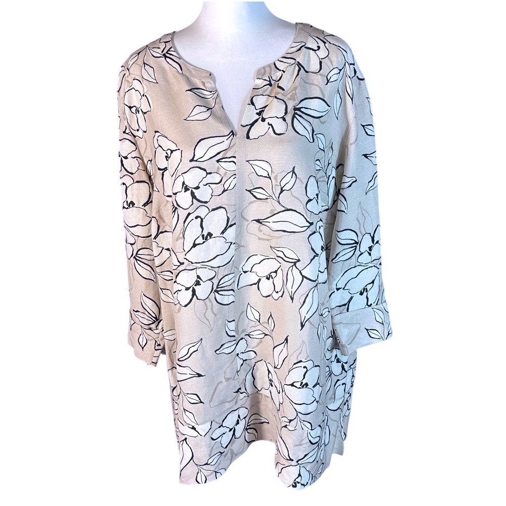 J. Jill Tunic Top Women 2X Beige Black Floral Linen Blend Split Neck 3/4 Sleeve